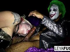 Joker's paintbrush transforms busty cosplayer