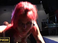 Redhead gets stage outdoor licking