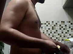 Macho Guy Washing Dishes Naked In Kitchen