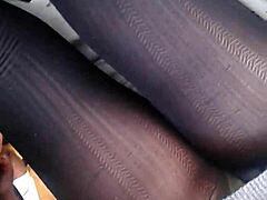 Nylon skirt's upskirt panty tease