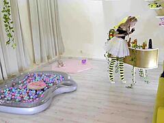 Petite bee girl licks honey and sucks hard