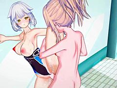 Hot 3D anime poolside encounter