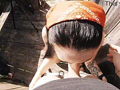 Outdoor facefuck leads to sloppy swallow