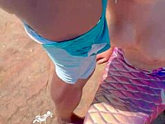 Asian cowgirl rides beach cock