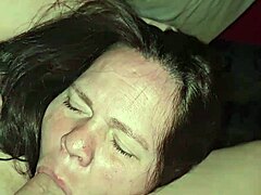 MILF gives deep throat and breast play