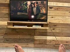 Step-sister interrupts movie for quick brunette fuck