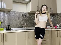 Stepsisters rough anal fuck in kitchen