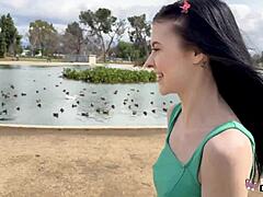 Skinny teen Bella Nova grips tight in public outdoor pounding