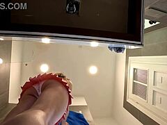 just caught my skinny brunette babe teasing in the bathroom with her pink mini skirt and sexy legs