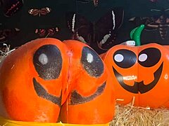 teen gets double creampie in pumpkin patch while bent over doggystyle