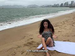 Babe flashes cock in public and begs for cum on tits at beach.