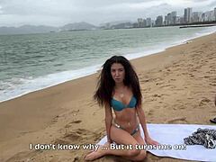 Babe flashes cock in public and begs for cum on tits at beach.