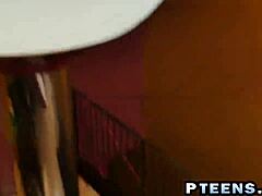 Experienced blonde teen 18+ bends over for doggystyle after oral blowjob, enjoying two dongs in 3 some with babe tits.