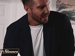 sweet sinner unfolds as the ginger redhead spreads wet pussy sideways for sloppy cock fucking and cum all over on professor's bed.
