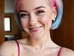 Exhibitionist virtual girlfriend Mia Pink AI-generated flashes big tits in bedroom. Her cute blue eyes seduce instantly.