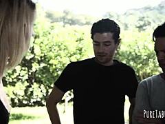 Blonde Bent Over In Doggystyle For Double Penetration During Intense Group Threesome With Blowjob Action