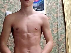 Flex skinny boy showing off after study