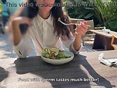 Damn! Girl Eats Lunch with Cum on Face in Public Cafe!