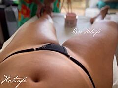 married slut gets a massage with tits out and thong buried deep in her juicy pussy while teasing the service guy