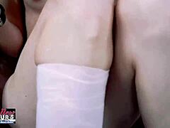 busty pink haired trinity and skinny blonde jackie deepthroat a cock, bent over with big tits! 😍