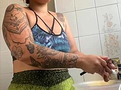 Casada films cooking online but just wants to flash her swollen pussy.