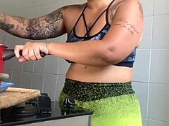 Casada films cooking online but just wants to flash her swollen pussy.