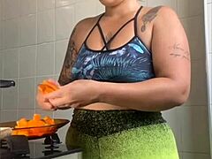 Casada films cooking online but just wants to flash her swollen pussy.