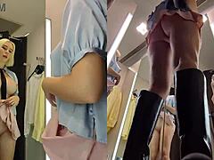 hidden camera captures upskirt view in dressing room of a juicy blonde pussy.