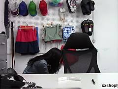 Teen shoplifter Vanessa Sky drops to knees and sucks officer's massive cock in office