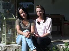 oh man these lesbian babes are gettin so sexy outdoors with their pussies and tits... wait i mean kissing and all that intimate stuff close up