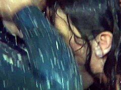 Showering with latex-clad brunette leads to intense lesbian toy plowing and tight pussy orgasms