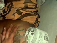 Oiled ebony petite gets big black cock doggystyle creampie after massage