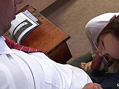 female teacher caught the big dick boy jerking and gave him a rough first fuck with deepthroat and facial.