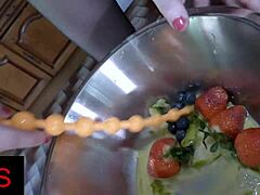 oh man, shoving fruit up that milf's ass while fucking her in the kitchen