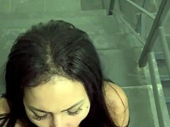 Public pov blowjob and fucking with cute brazilian teen girlfriend in outdoor assplay on fire escape stairs