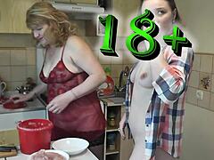 Blonde Lesbian Milf and Cute Girl Go Panties-Free in Kitchen Lingerie