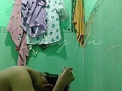 school girl taking shower at grandmas house with first time fingering and dildo play in dorm roommate setup
