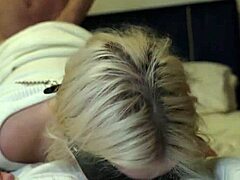 That blindfolded blonde is really enjoying riding this hard cock in doggystyle