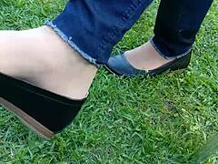 shoeplay and dipping with tan nylons and flats feels so sensual