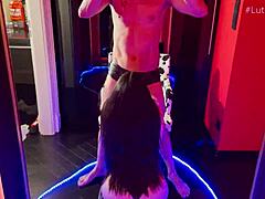 Chubby babe gives a POV blowjob in homemade setting.
