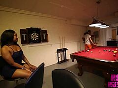 petite black teen gets fucked on the pool table by a green-eyed stud