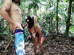 Latina teen gives pussy in woods, sucking big cock for creampie
