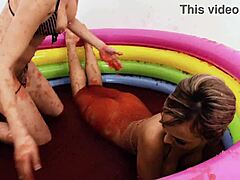 oh man, chloe conrad and leila bee are fingering and licking pussies in a wild strawberry jelly pool bath 😜