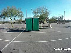 chubby woman uses porta gloryhole in public outdoor setting for a casual encounter