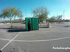 chubby woman uses porta gloryhole in public outdoor setting for a casual encounter