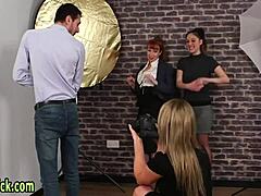 Cfnm seasoned domina mocks guys backstage with handjob fun