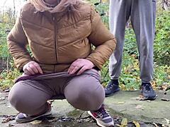 depraved curvy milf squats in leggings for a quick outdoor piss nearby