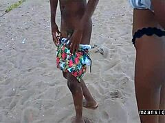 Ebony teen gets creampie on beach after wet foreplay