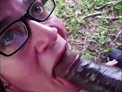 Nasty white slut sucks big black cock outside in bareback interracial riding!
