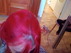 Redhead amateur teen deepthroats fat old guy's cock with moans